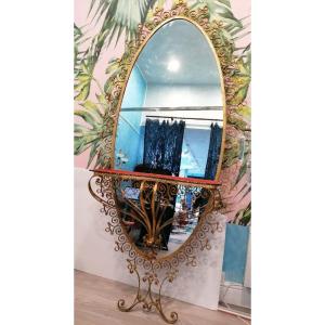 Miroir Antique Français En Verre Doré Avec Consolle, Très Grand