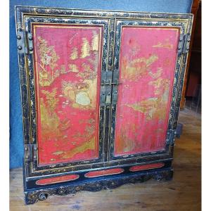 Support Cabinet In Red And Gold Chinese Lacquer Early 20th Century