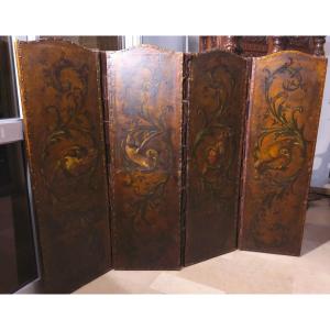 Paravent à 4 Feuilles à Décor de Rinceaux et Oiseaux peint sur cuir 