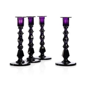 Rare Set Of Four Purple Crystal Candlesticks, Russia Or Northern Europe, 19th Century
