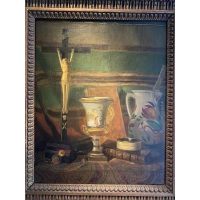 Oil On Canvas, Still Life With Crucifix, Porcelain Vase And French Arms Binding