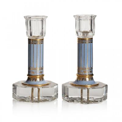 Pair Of Candlesticks In Cut Crystal And Sèvres Porcelain Circa 1830