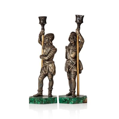Pair Of Bronze And Malachite Candlesticks, Russia 19th Century