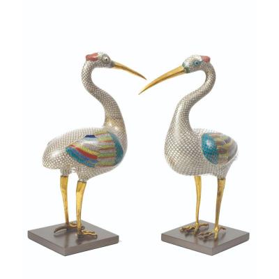 A Pair Of Gilt Bronze And Enamel Cranes, China, 1800-1900