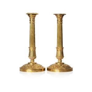 Pair Of 19th Century Gilt Bronze Candlestick Marked And Engraved Fontainebleau