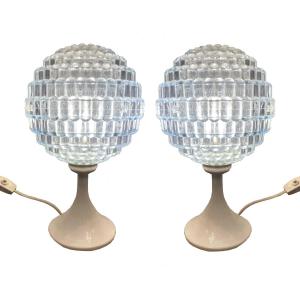 Two Vintage 1970s Light Blue Plastic Table Lamps With Round Bases