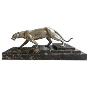 Signed Silver Art Deco Panther White Bronze With Original Silver Plating. On A Tiered Stand