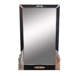 Large Art Deco Mirror, France, Circa 1930. Black Wooden Frame With Textured And Crackled Surface.