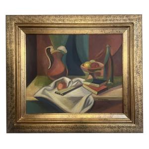 Nicolas Poliakoff (1899–1976) Still Life With Pitcher, Fruit Bowl, Bottle And Books. Oil