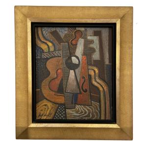 Cubist Still Life With Violin. Artist: Gilberte Schmitt, Born In 1907 - Died In 2001. Oil On Canvas
