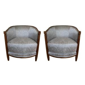Elegant Pair Of French Art Deco Bergère Armchairs, Circa 1925. In Stained Beech.