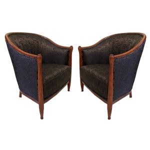 Elegant Pair Of French Art Deco Bergère Armchairs, Circa 1925. In Stained Beech.