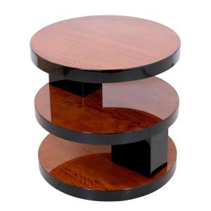 Round Art Deco Side Table, Cubist Style. France, Circa 1925. Satin Wood And Black Lacquer.