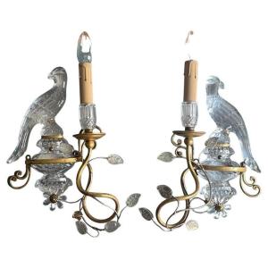 A Pair Of Parrot-shaped Lamps, Made Of Crystal And Gilded Metal, A Chandelier