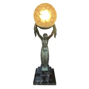  Bronze Lamp, Signed "fayral" And "le Verrier", France, C. 1930, Original Glass Globe 