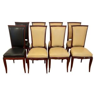 Set Of 8 Identical Art Deco Chairs, 1930, Rio Rosewood, 2 Black Leather, 6 Beige