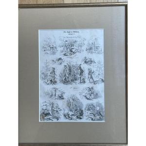 Deer Hunt I, Woodcut Signed By Max Haider, Germany, Circa 1860.