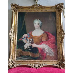 J.c. Fenouil, Important Portrait Of Lady With A Spaniel Louis XV Period