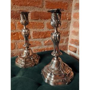 Pair Of Louis XV Period Silver-plated Bronze Candlesticks