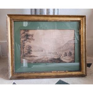 Wash Drawing Landscape With Abbey By Fanny Dorin Circa 1815