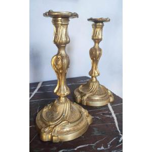 Pair Of Gilt Bronze Candlesticks From The Louis XV Period