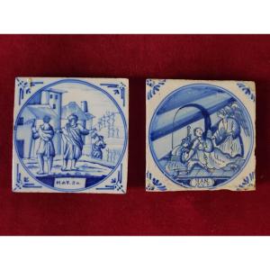 Pair Of 18th Century Delft Tiles With Biblical Decorations