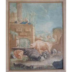 Large 18th-century Drawing Of A Pastoral Scene