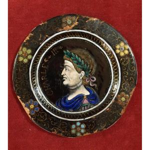 Limoges Enamel Plate, 17th Century, Emperor Charles III 