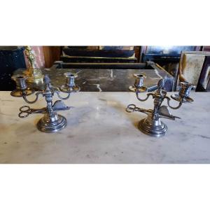 Pair Of Candelabras Silvered Bronze Snuff Holder