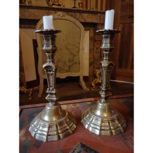 Pair Of 18th Century Candlesticks In Silver Bronze