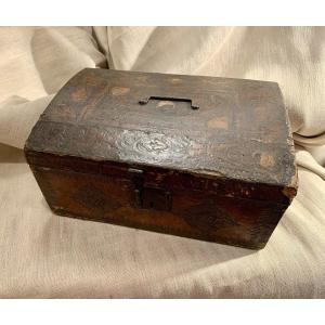 Wooden Box Lined With Carved Leather. Seventeenth Century