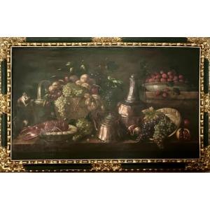 Still Life Of Fruit, Brass And Monkey. Juan Padilla Lara (jerez, 1906 - 1980)