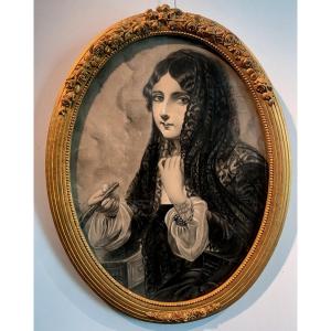 Portrait Of A Young Woman With A Mantilla And A Fan. Pencil On Paper. Sign. XIXth Century