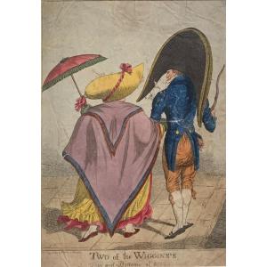 English Satirical Print Made In Vintage Color Engraving. Year 1803.
