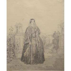 Manuel Castellano (madrid, 1826 - Madrid, 1880). Female Figure In A Garden , Pencil On Paper.