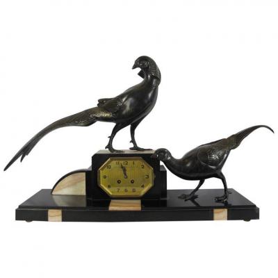 Clockset. Bronze Rooster Pheasant. And Two Cassolettes.