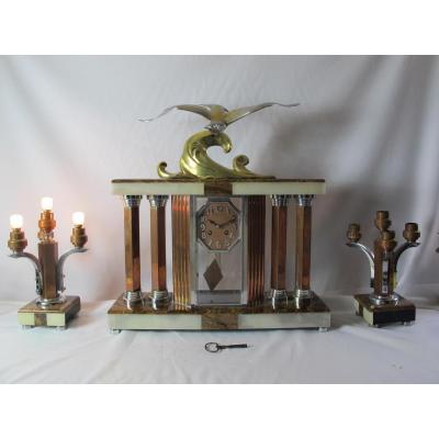 Clockset. Bronze And Onyx. Bronze Signed Decoux.