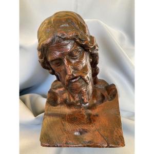 Head Of Christ In Oak 17th Century Origin Flanders