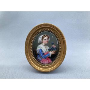 Miniature Young Girl With Violets 19th Century