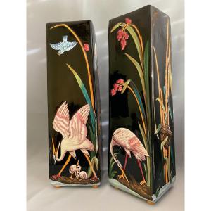 Sarreguemines Large Pair Of Art Nouveau Vases