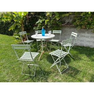 Set Of 6 Folding Slatted Chairs, Garden, 20th Century Bistro 