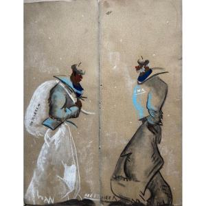 Pair Of Gouache, Chalk And Charcoal Drawings, 20th Century