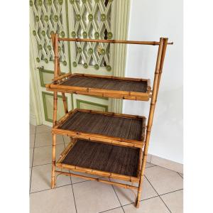 Bamboo Serving Cart, Rice Straw Trays, 1970s