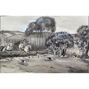 Harry Eliott Original Gouache "hunting With Hounds"