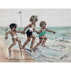 Original Painting Signed Germaine Bouret "the Recalcitrant Little Bather"