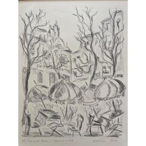Lithographie  d’Edmonde Adès « Place du Tertre » Paris