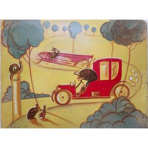 Gouache From The 1930s «the Hare And The Tortoise » Jean De Lafontaine