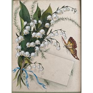 Gouache From The 1930s, Card Project For 1 May "lily Of The Valley" 