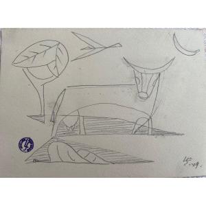 Pencil Drawing Signed Léopold Survage "bull" 1949