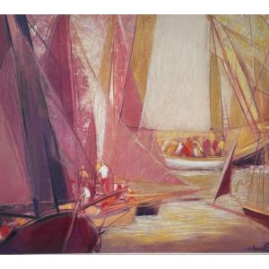 Pastel Gras Signed By The Artist Christiane Rosset Official Painter Of The Navy «la Régate »